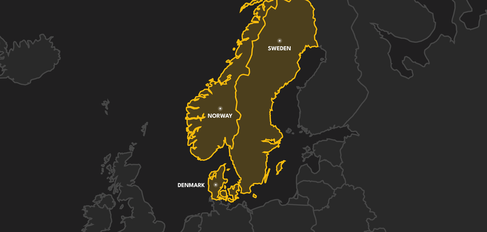 Karta över Norge, Sverige och Danmark som visar Nordic Branding Groups serviceområde